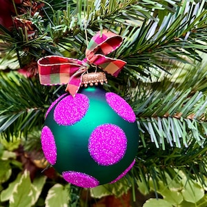 Pink Glitter Polka Dot Christmas Tree Glass Ball Ornament with Plaid Bow