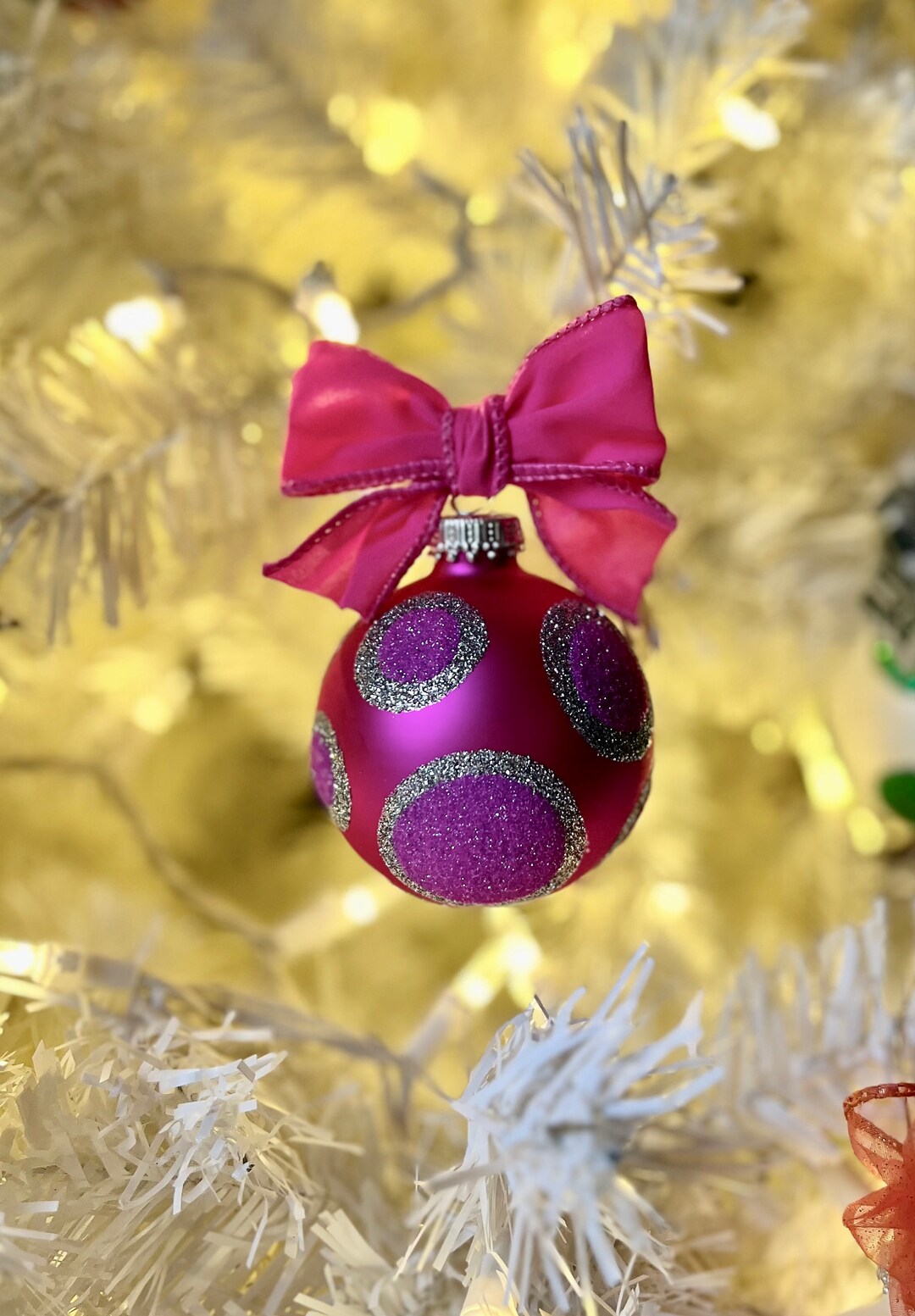Pink and Silver Glitter Polka Dot Christmas Tree Glass Ball Ornament