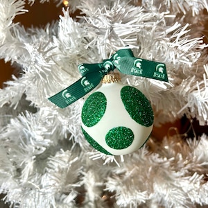 Michigan State Spartans Inspired Christmas Glitter Glass Ball Polka Dot Ornament with Bow