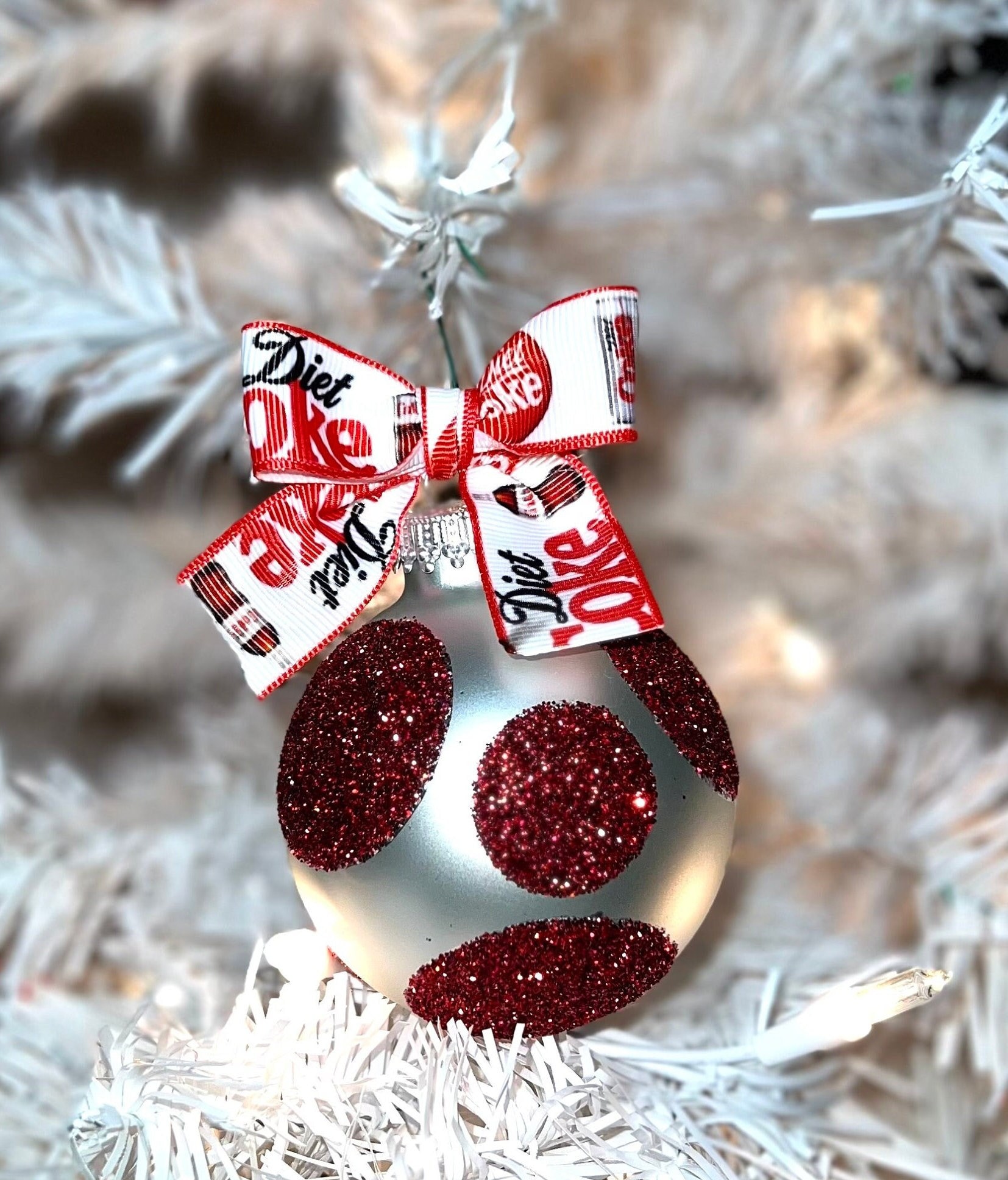 Diet Coke Ornament: Silver Glass With Red Glitter Polka Dots