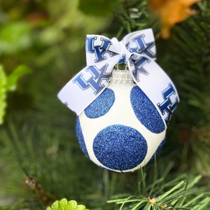 Kentucky Inspired Glitter Polka Dot Glass Christmas Ornament with Ribbon Bow| Christmas Decor|gift for sports fan