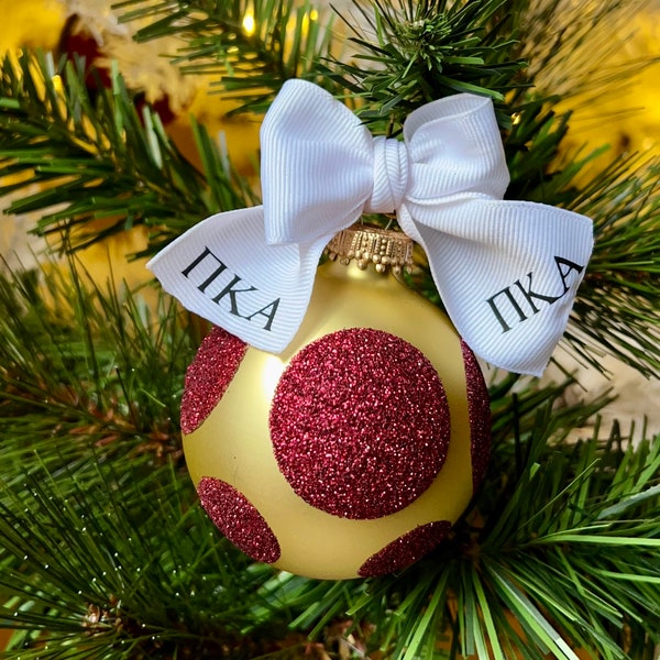 Pi Kappa Alpha Fraternity Inspired Glitter Polka Dot Christmas Glass Ball Ornament with Ribbon