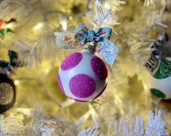 Lilly Inspired Glitter Polka Dot Christmas Glass Ball Ornament with Ribbon