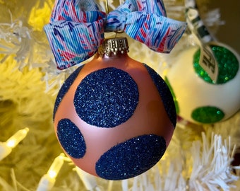 Lilly Inspired Glitter Polka Dot Christmas Glass Ball Ornament with Ribbon