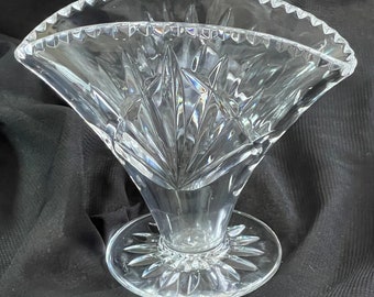 Vintage small fan posy vase in cut lead crystal, makers stamp on base not clearly visible, Has a few very small scratch marks