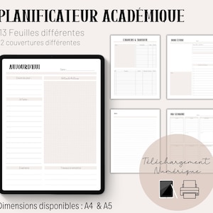 以下が含まれることがあります： デジタル学術プランナー。日次、週次、試験トラッカーなど、さまざまなページレイアウトがあります。A4とA5サイズで利用可能。画像は、プランナーのデザインを表示するタブレットとサンプルページを示しています。テキストは「Téléchargement Numérique」です。