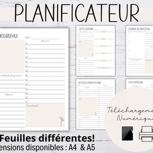 Peut inclure: Un planificateur imprimable avec 15 pages différentes, comprenant un planificateur quotidien, un planificateur hebdomadaire, une liste d'épicerie et un journal de gratitude. Le planificateur est disponible en format A4 et A5. Le texte "Téléchargement Numérique" est affiché sur l'image.