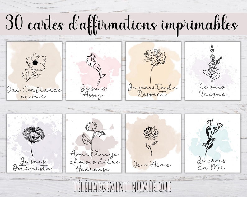 Pu&ograve; includere: Set di 30 carte di affermazione stampabili con sfondi ad acquerello e illustrazioni floreali disegnate a mano. Ogni carta include un'affermazione positiva in francese, come "Je suis optimiste" (Sono ottimista).