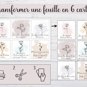 Pu&ograve; includere: Un foglio di lavoro stampabile con istruzioni su come trasformare un singolo foglio di carta in sei carte. Il foglio di lavoro include sei diversi progetti di carte con sfondi ad acquerello e disegni a linea nera di fiori e citazioni ispiratrici in francese. Le citazioni includono "Je suis sans peur", "J'ai le droit &agrave; l'erreur", "Je fais de mon mieux", "Je suis fi&egrave;re de moi", "Je peux accomplir ce que je veux", e "Mes erreurs ne me d&eacute;finissent pas".