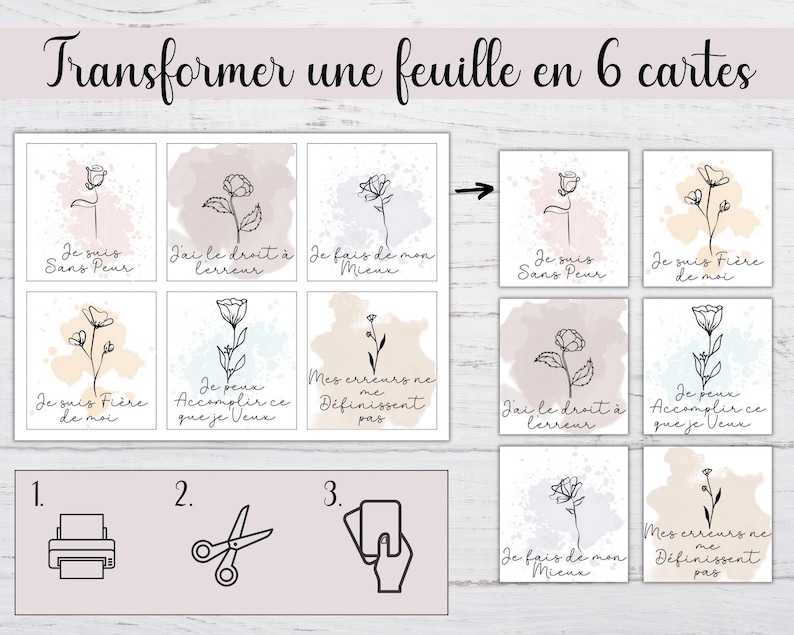 Pu&ograve; includere: Un foglio di lavoro stampabile con istruzioni su come trasformare un singolo foglio di carta in sei carte. Il foglio di lavoro include sei diversi progetti di carte con sfondi ad acquerello e disegni a linea nera di fiori e citazioni ispiratrici in francese. Le citazioni includono "Je suis sans peur", "J'ai le droit &agrave; l'erreur", "Je fais de mon mieux", "Je suis fi&egrave;re de moi", "Je peux accomplir ce que je veux", e "Mes erreurs ne me d&eacute;finissent pas".