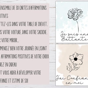Pu&ograve; includere: Un set di 30 carte di affermazioni con un design floreale. Le carte presentano affermazioni positive in francese, come "Je suis une Battante" e "J'ai Confiance en moi".