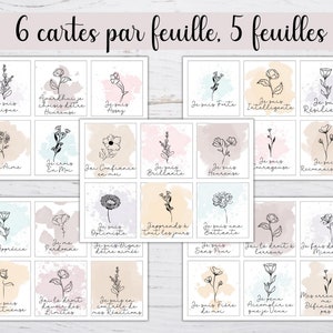 Pu&ograve; includere: Un set di 30 carte di affermazione stampabili con illustrazioni floreali e affermazioni positive in francese. Le carte sono progettate per essere stampate su carta di formato lettera (8,5 x 11 pollici) e ritagliate per essere utilizzate come promemoria motivazionali.