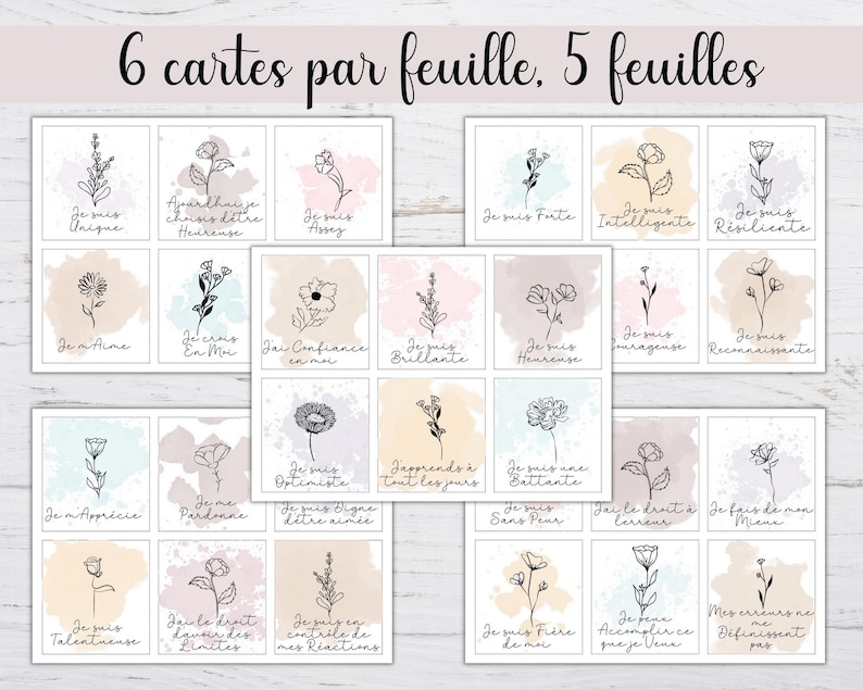 Pu&ograve; includere: Un set di 30 carte di affermazione stampabili con illustrazioni floreali e affermazioni positive in francese. Le carte sono progettate per essere stampate su carta di formato lettera (8,5 x 11 pollici) e ritagliate per essere utilizzate come promemoria motivazionali.