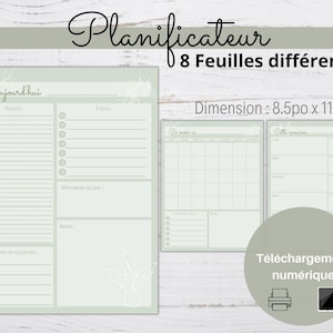 Può includere: Un planner digitale con sfondo verde chiaro e dettagli floreali bianchi. Include sezioni per la pianificazione giornaliera, settimanale e mensile, con il testo "Planificateur" e "8 Feuilles différentes!". Dimensioni: 21,6 x 27,9 cm.