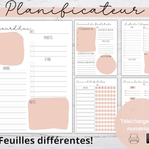 Puede incluir: Un planificador imprimible con 15 páginas diferentes. Las páginas están diseñadas para la planificación diaria, semanal y mensual. Las páginas incluyen secciones para tareas importantes, prioridades, listas de tareas, diario de gratitud, seguimiento de hábitos y planificación de comidas. Las páginas están decoradas con un esquema de color rosa y blanco.