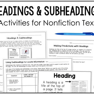 Headings and Subheadings Worksheets, Nonfiction Reading Activities