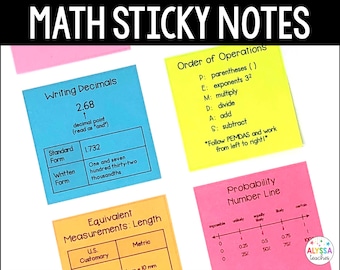 May include: Four colorful sticky notes with math concepts written on them. The first note is blue and says "Writing Decimals" with an example of a decimal number and how to write it in standard and written form. The second note is yellow and says "Order of Operations" with the acronym PEMDAS and an explanation of each letter. The third note is orange and says "Equivalent Measurements: Length" with a table comparing U.S. customary and metric units. The fourth note is pink and says "Probability Number Line" with a number line showing the probability of an event from impossible to certain.