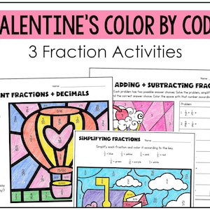 May include: Three Valentine's Day themed color by code worksheets for kids to practice equivalent fractions, simplifying fractions, and adding and subtracting fractions. The worksheets feature a hot air balloon, a heart, and clouds.