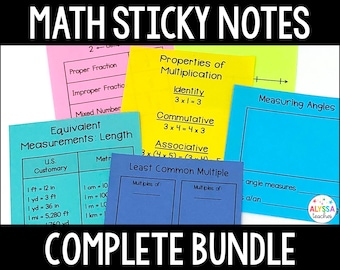 May include: A set of colorful sticky notes with math concepts and formulas. The notes include topics like equivalent measurements, properties of multiplication, least common multiple, and measuring angles. The notes are perfect for teachers and students to use in the classroom or at home.