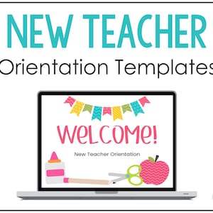 May include: A laptop computer screen displaying a welcome message with a colorful banner and a red apple with a white zigzag pattern. The text on the screen reads "Welcome!" and "New Teacher Orientation".