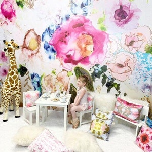 Tea Party Kids Wallpaper Wall Mural, Floral Wallpaper, Watercolor Flower, Watercolor Wall Mural, Nursery Wallpaper, Nursery Decor