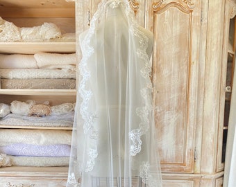 Velo de novia de encaje floral en color marfil o blanco, 45”, velo de una sola capa, velo de novia, accesorio de boda