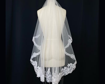 ornate lace sequin waltz length wedding veil single tier veil lace veil bridal veil white veil single layer veil wedding accessory