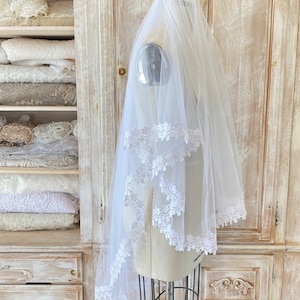 floral veil lace with blusher wedding veil two tier veil white tulle bridal veil white veil wedding bridal accessory with metal comb