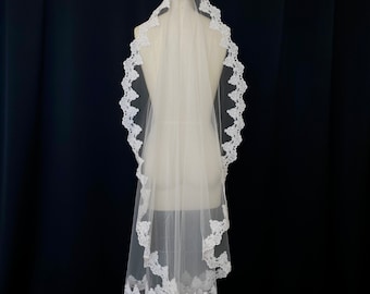 white ornate lace veil waltz length wedding veil single tier veil white lace veil single layer veil wedding accessory waltz fingertip