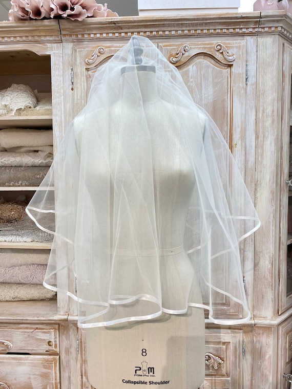 Ribbon Edge Veil Lace With Blusher Wedding Veil White Bridal  display picture 1