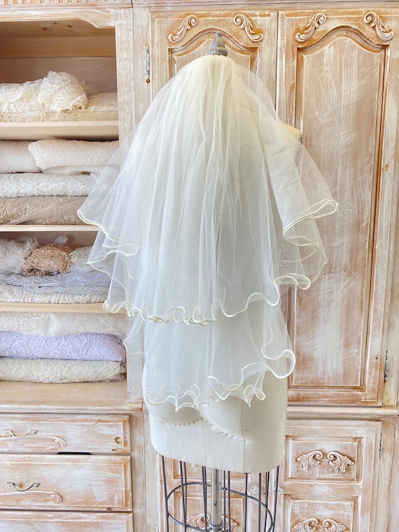 Vintage White Bridal Veil with Ribbon Trim Wedding Veil With Satin Ribbon Trim, Ivory Wedding Veil  main image 4