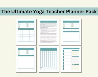 May include: A printable planner pack for yoga teachers. The pack includes a yoga class plan, a monthly calendar, and a weekly schedule. The pages are designed with a teal and white color scheme.