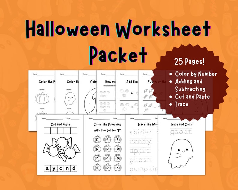 Op de afbeelding: Een zwart-wit Halloween-werkbladenpakket met 25 pagina's. Het pakket bevat activiteiten zoals kleuren op nummer, optellen en aftrekken, knippen en plakken en traceren. De werkbladen bevatten afbeeldingen van pompoenen, geesten, snoepjes en spinnen.