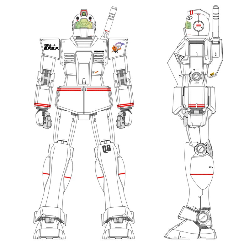 May include: Line drawing of a white robot with red accents. The robot is standing with its arms at its sides. The robot has a number "06" on its leg. The robot is facing forward and to the side.