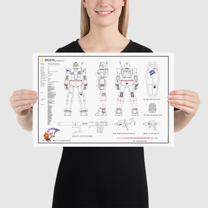 May include: A black and white line drawing of a Gundam robot, the RGM-79 GM, with a detailed technical specification chart. The robot is shown in three views: front, side, and rear. The drawing includes a shield, a rifle, and a beam saber.