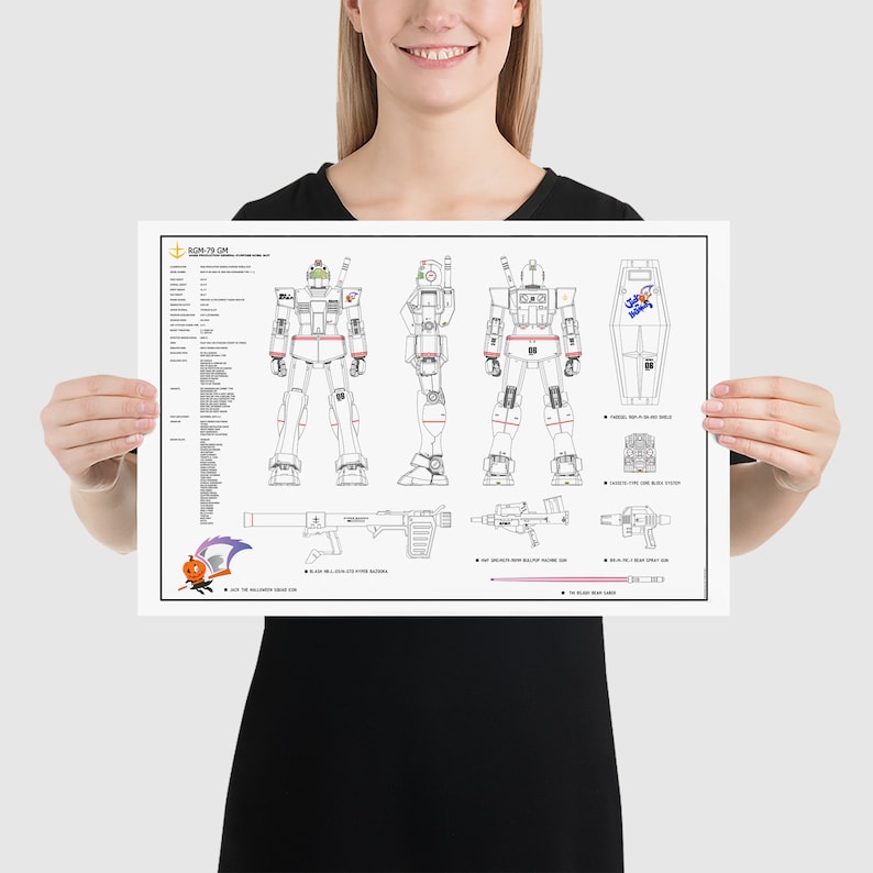 May include: A black and white line drawing of a Gundam robot, the RGM-79 GM, with a detailed technical specification chart. The robot is shown in three views: front, side, and rear. The drawing includes a shield, a rifle, and a beam saber.