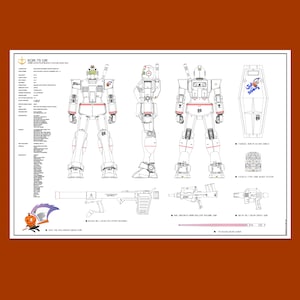 May include: Line drawing of a white robot, the RGM-79 GM, with a pumpkin jack-o-lantern and the text "Jack the Halloween Sound Icon". The robot is shown from the front, side, and back views. The robot is holding a weapon in its right hand. The robot is also shown with a shield and a sword.
