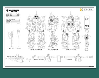 Gundam MS-06 ZAKU Custom Poster | Technical Drawing Line Art