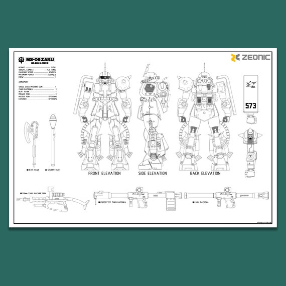 Gundam MS-06 ZAKU Custom Poster | Technical Drawing Line Art - Etsy