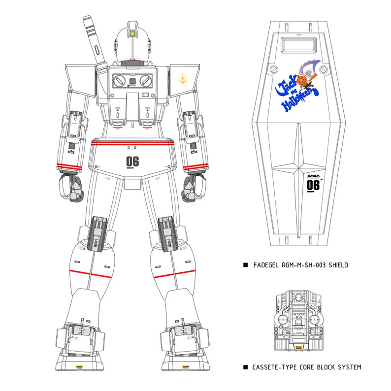 May include: A white and red robot with a shield that says "Trick or Halloween" and "06". The robot has a large head with a visor and a large chest with a panel that says "06". The robot is standing on a white background.