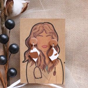 Polymer Clay Earrings: Medium Size, Brown Cow print, Dangle, Diamond