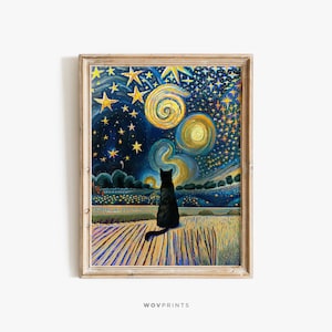 Vincent Van Gogh&#39;s The Starry Night Cat Print, Van Gogh Cat Poster, Black Cat Art, Home Decor Poster, Funny Cat print, Funny gift / #41