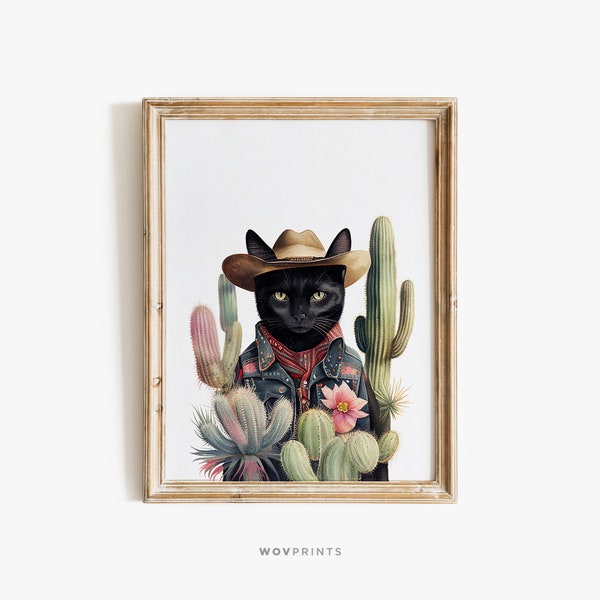Cowboy Black Cat Art Print, Western Cat Art, Cat Lover Gift, Funky Western Eclectic Room Decor, Maximalist Decor, Cat Poster #137