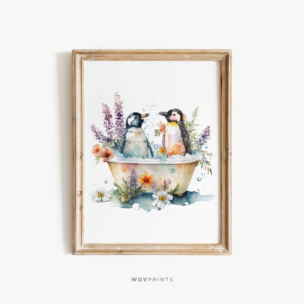 Adorable Penguins in Tub Printable Wall Art, Penguins in Bathtub Botanical Animal Print, Penguin Art, Bathroom Art Print #109