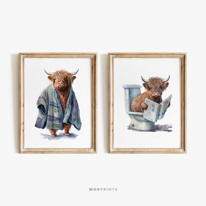 Highland Cow in a Bathrobe Print, Funny Bathroom Set of 2 Print, Highland Cow in Bath Robe, Animal on Toilet, Whimsy Animal #128