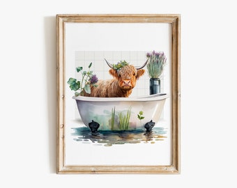 Scottish Highland Cow in Bathroom, Bathroom Humor, Funny Bathroom Print, Kids Bathroom, Whimsy Animal Art / #105