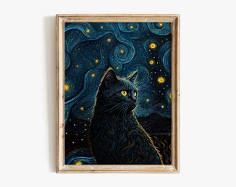 Vincent Van Gogh's The Starry Night Cat Print, Van Gogh Cat Poster, Black Cat Art, Home Decor Poster, Funny Cat Print, Funny Gift #81