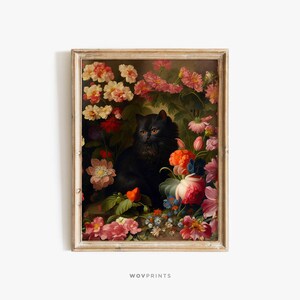 花の庭のふわふわの黒猫のアートプリント、花の猫のポスター、花の壁アート、家の装飾ポスター、黒猫の印刷可能なデジタルダウンロード #155