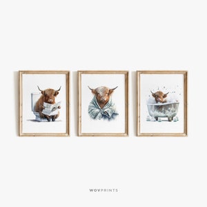 Scottish Highland Cattle Set of 3 Prints, Highland Cow in Bathtub, Animal in bathtub, Funny Kids Bathroom Print, Digital Download #26