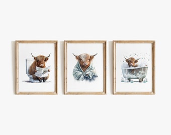 Scottish Highland Cattle Set of 3 Prints, Highland Cow in Bathtub, Animal in bath, Funny Kids Bathroom Print, Digital Download #26